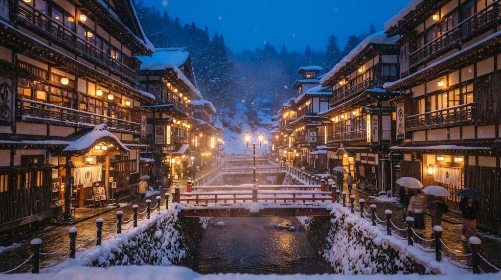 Village thermal japonais enneigé au crépuscule en hiver