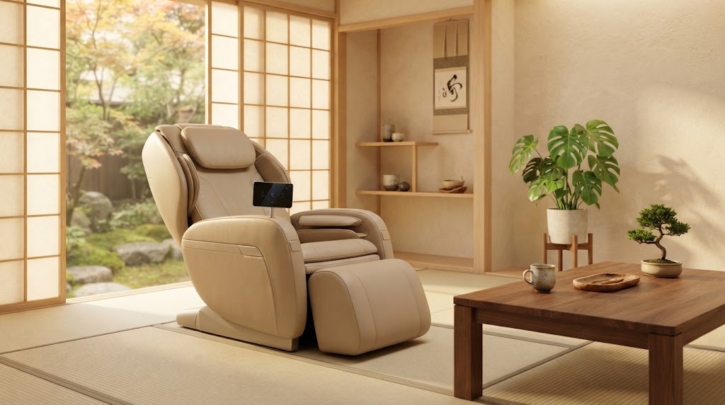 Fauteuil de massage japonais beige dans un salon avec des panneaux shoji
